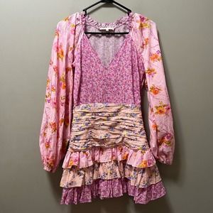 LOVESHACKFANCY Rina Mixed Print Ruffle Mini Dress size 2